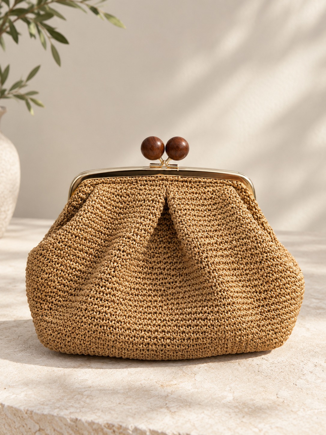 Hand-Crocheted Raffia Clutch — Natural